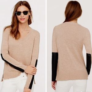 J. Crew Cashmere Wool Blend Leather Pannel Sleeves V Neck Tan Sweater Minimalist